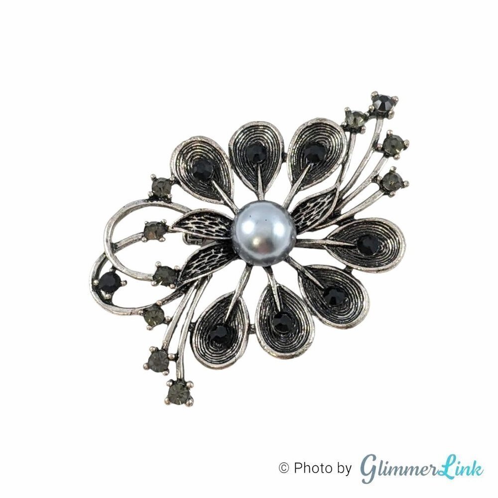 Floral Spray Black Rhinestones Gray Faux Pearl Silver Tone Brooch